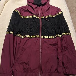 PINK Victoria's Secret Maroon and Black Mesh Windbreaker with Yellow Logo Trim